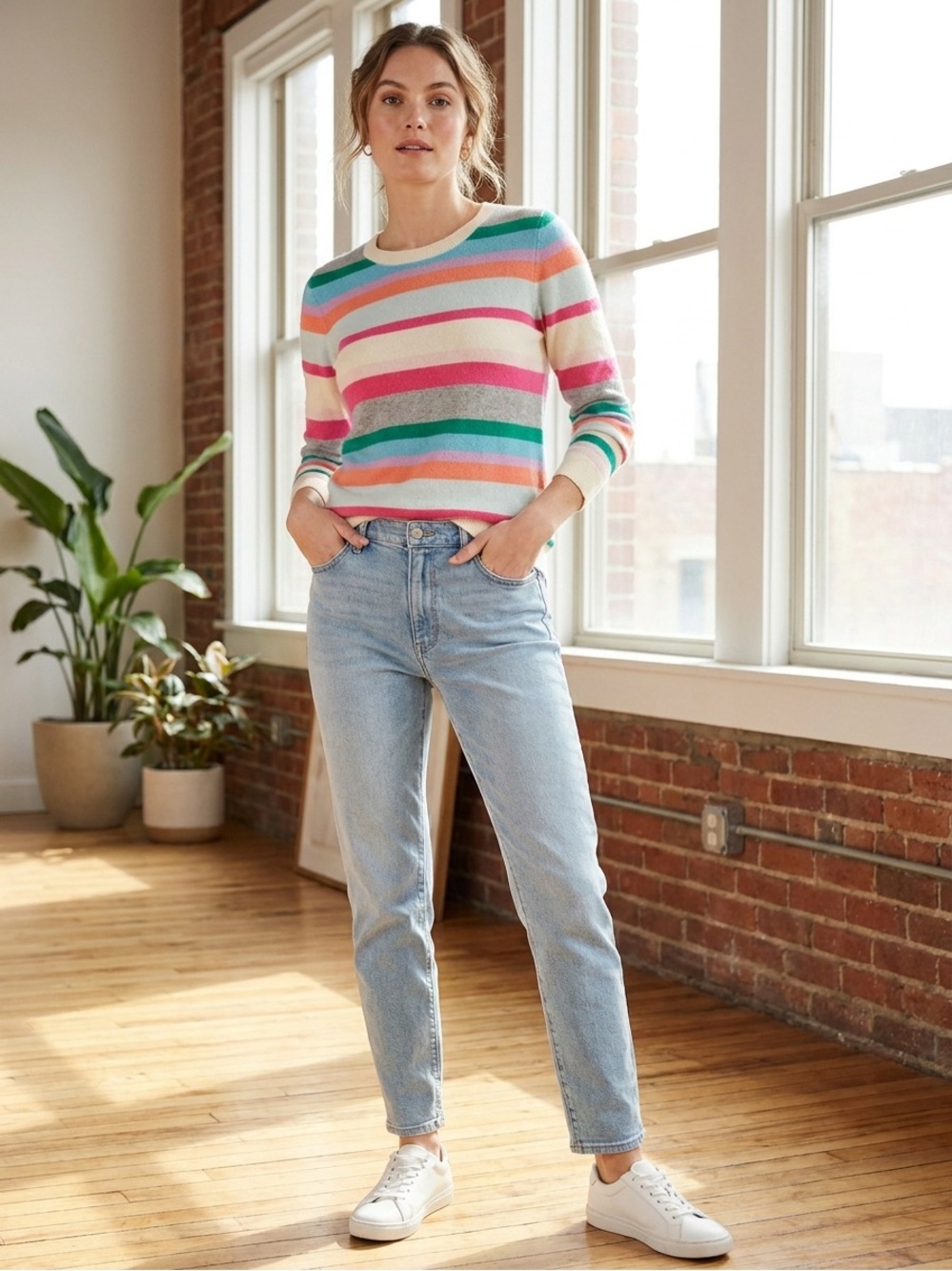 Talbots Cashmere Cream Multicolor Striped Crewneck Sweater